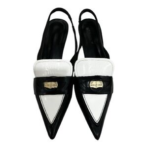 Miu Miu Black & White Pointed Slingback kitten heels with Gold Accent